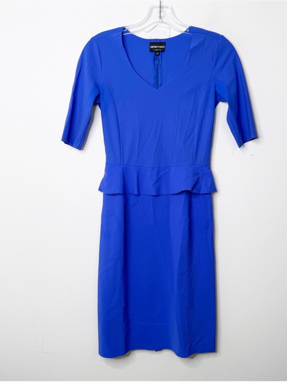 EMPORIO ARMANI | Royal Blue V-Neck Peplum Sheath Dress Sz. 38 or a Medium - Picture 2 of 5